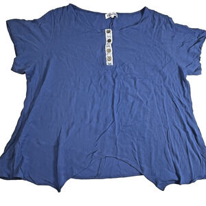 Flycurvy Womens Top Blue Plus Size 5XL Lace Henley Short Sleeve